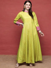 Lime Yellow & Pink Printed Pleated A-Line Maxi Velvet Ethnic Dress-AHDRVLDP-1034